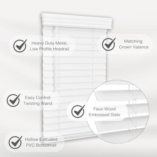 Lotus & Windoware 2 Inch Faux Wood Cordless Blinds for Indoor Windows, 34" W x 60" L, Bright White, Indoor Window Blinds