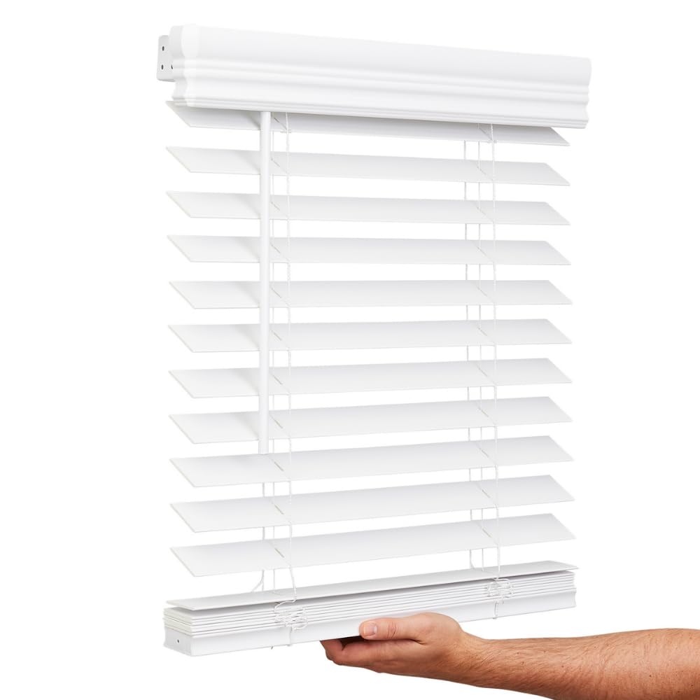 Lotus & Windoware 2 Inch Faux Wood Cordless Blinds for Indoor Windows, 34" W x 60" L, Bright White, Indoor Window Blinds